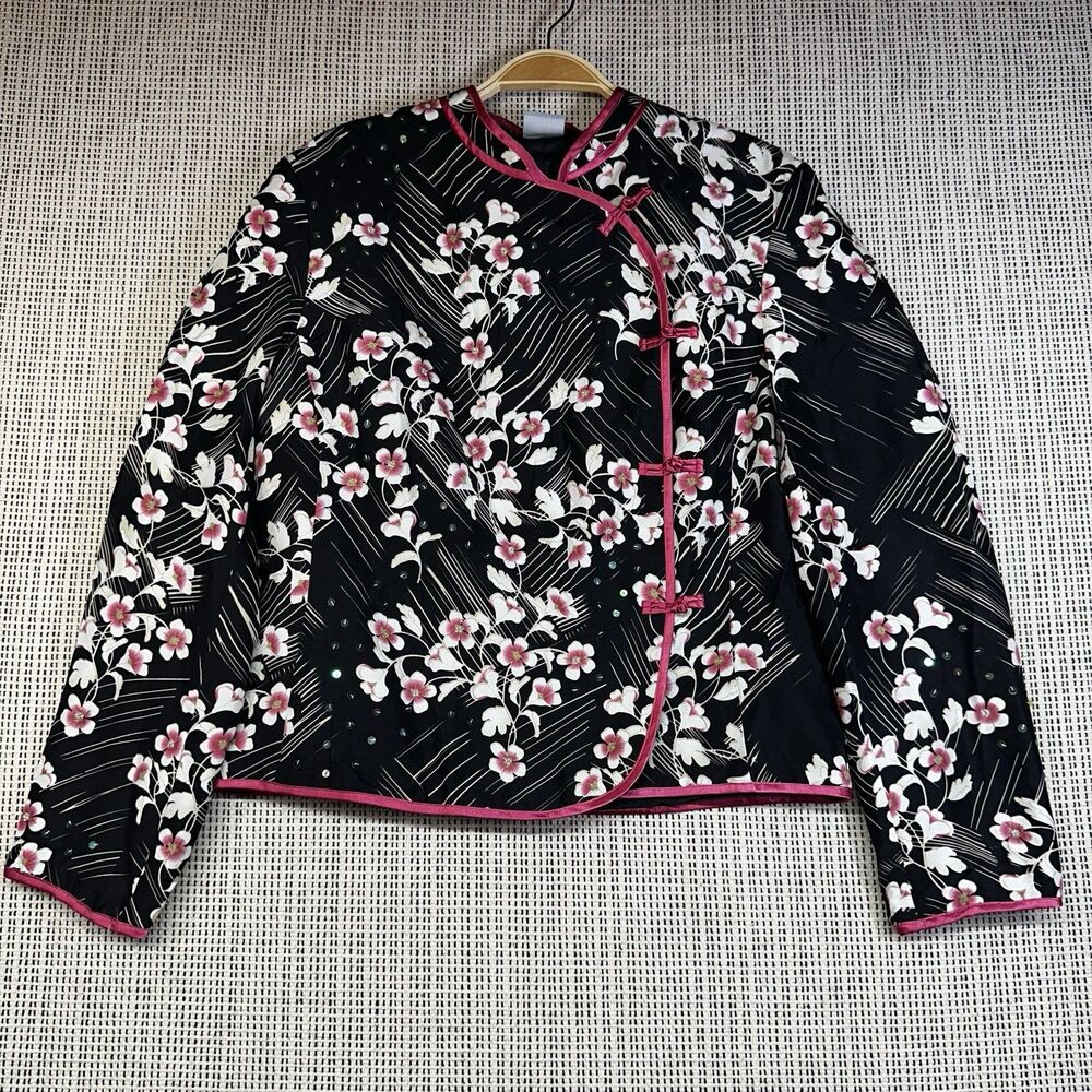 Vintage Y2K Junction West Silk Jacket M Black Floral Mandarin Frog Closure